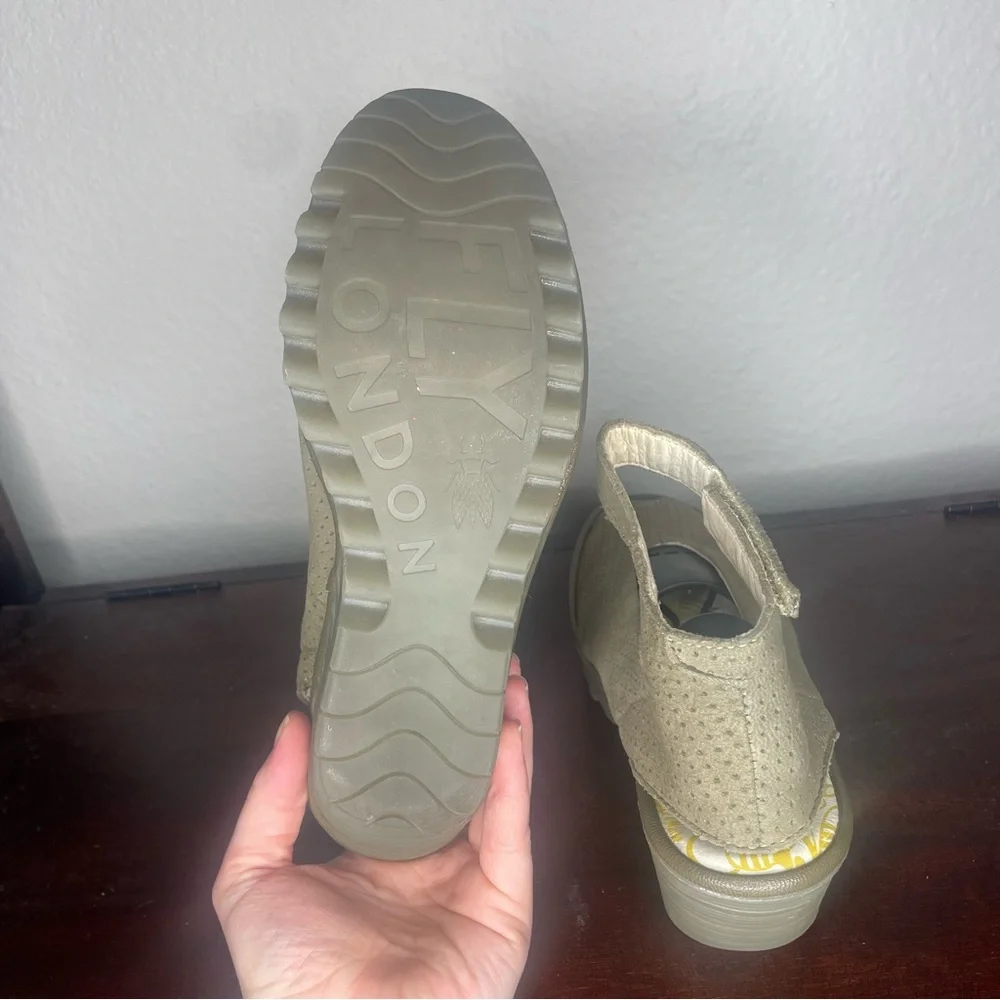Fly London Beige Perforated Ankle-Strap Wedge Sandals